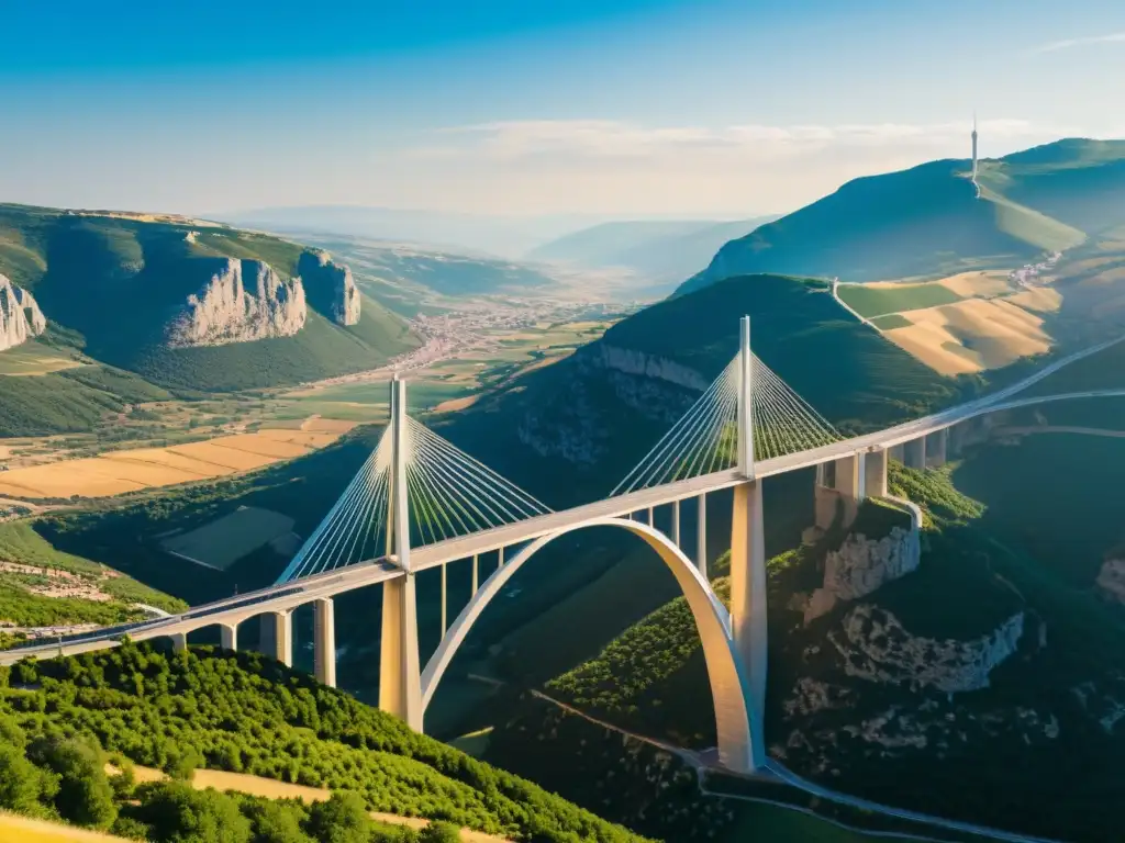 Vista única del Viaducto de Millau en Francia, resaltando su ingeniería y armonía con el paisaje natural