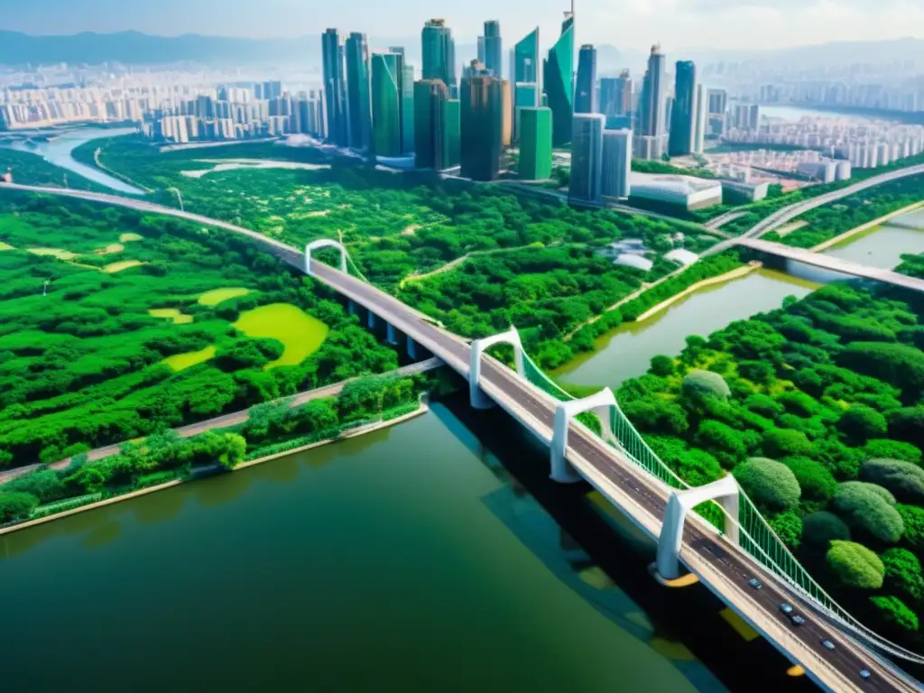 'Vista urbana con puentes verdes, reflejos de luz en rascacielos y armonía entre naturaleza e infraestructura